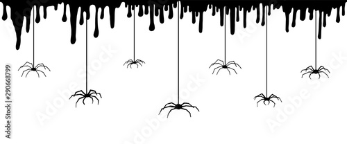 Halloween black drip border with hanging spiders. Black paint splatter. Vector isolated spooky background