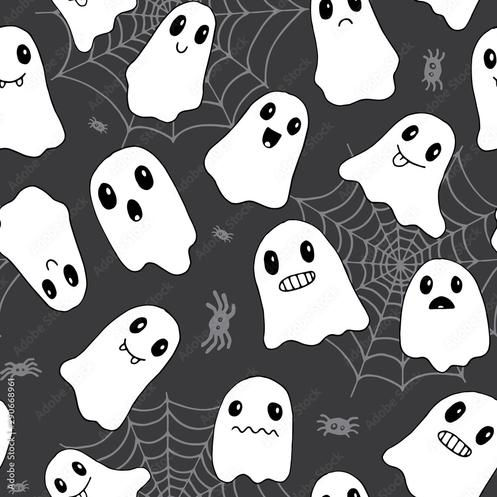Fototapeta premium Halloween seamless pattern. Flat cute scary ghosts and spider web. Spooky characters