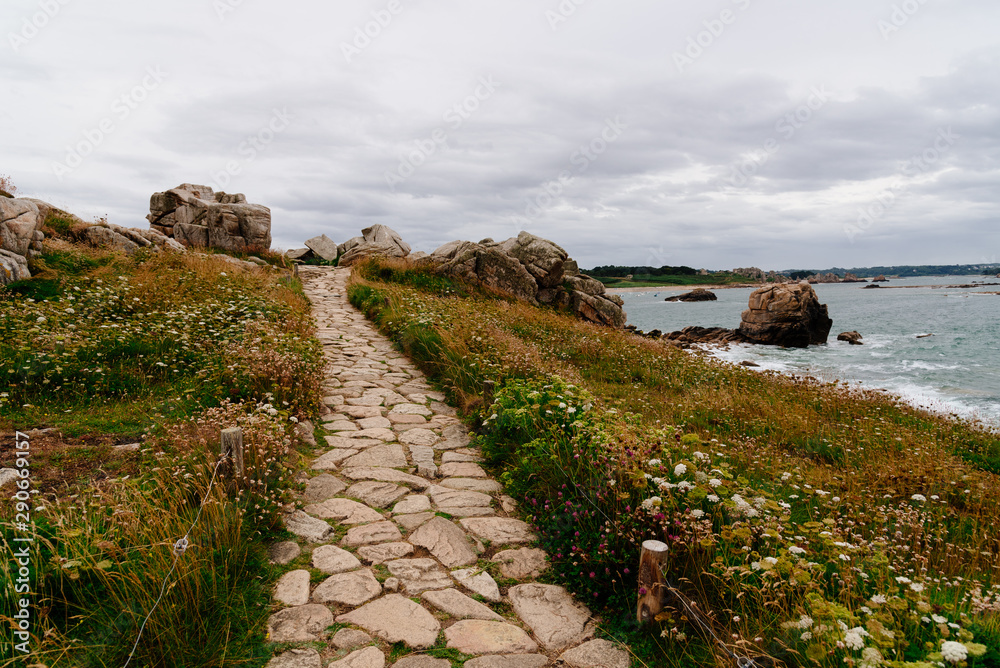 Scenic view of path through cliffs against sky