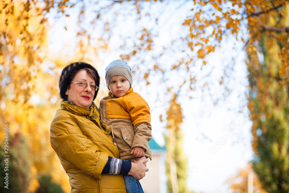 Young grandmother in glasses with a grandson for a walk in the autumn park. Young grandmother in glasses with a grandson for a walk in the autumn park.