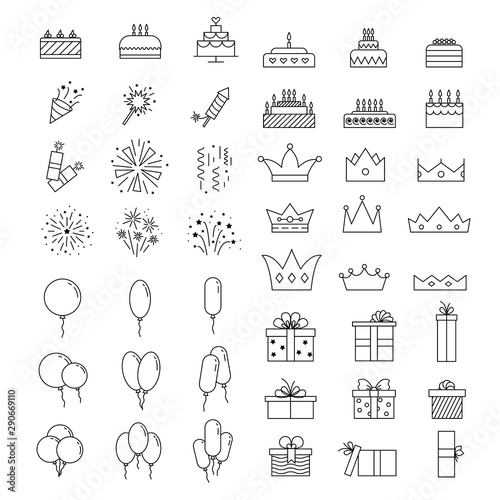 Big outline party icon set. Holidays symbol collection. Celebration signs: firework, gift, air balloon, confetti, cake and crown