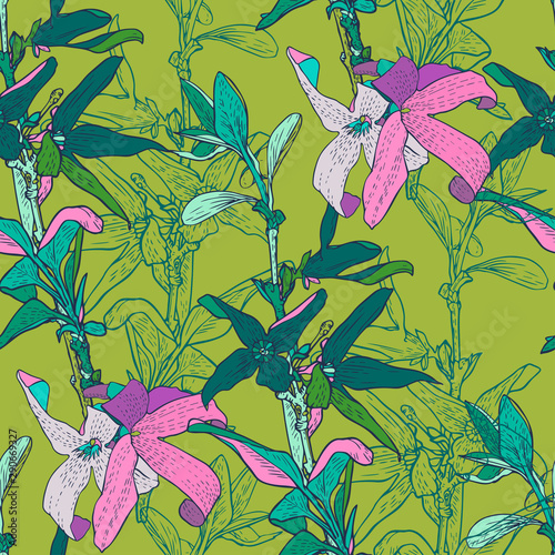 Modern seamless vector botanical with flower. Can be used for printing on paper, stickers, badges, bijouterie, cards, textiles.