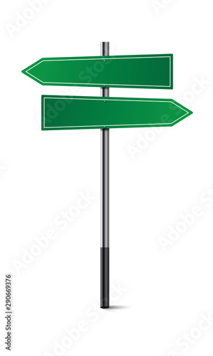 Green empty road signs. Direction Traffic sign board. Two arrows choice