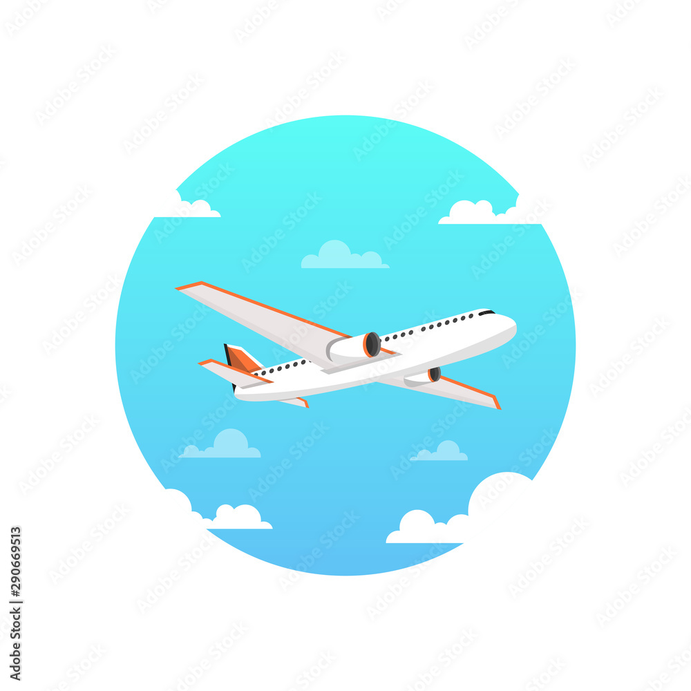 Flying airplane. International transportation concept. Daytime sky and clouds on the background. Vector illustration.