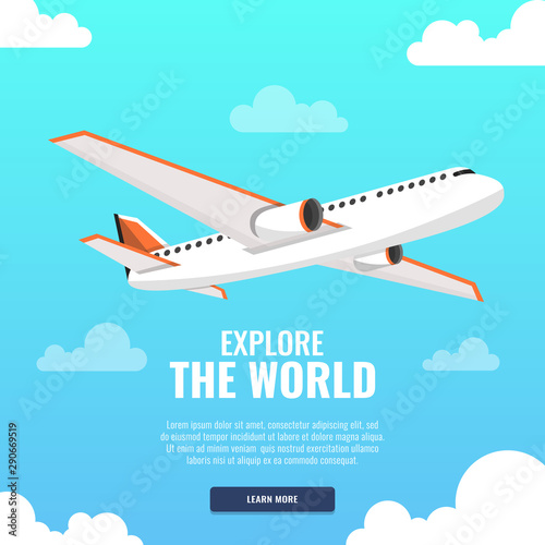 Flying airplane. International transportation concept. Daytime sky and clouds on the background. Vector illustration.