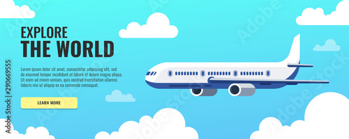 Flying airplane. International transportation concept. Daytime sky and clouds on the background. Vector illustration.
