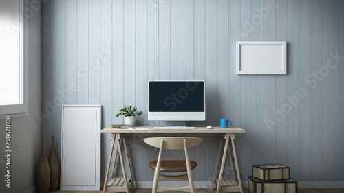 room  3D rendering interior white home office © wichitpong