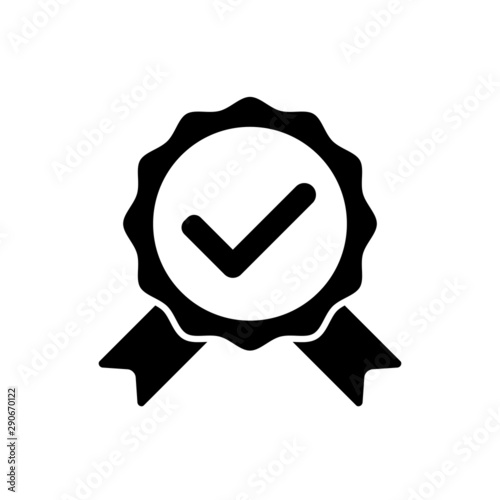 Black icon approved or certified medal. Isolated on white background. Flat design vector illustration.