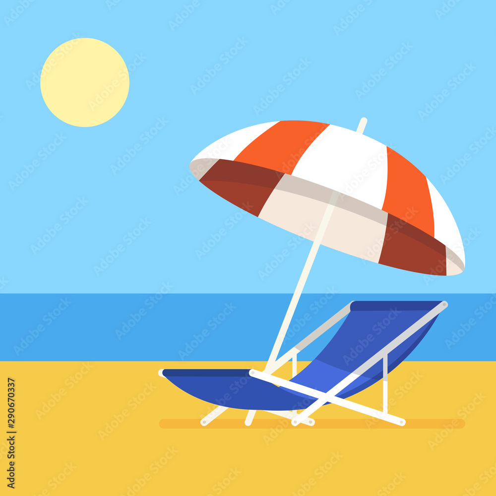 Fototapeta Vacation and travel concept. Beach umbrella, beach chair. Vector illustration.