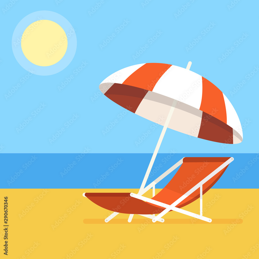 Fototapeta Vacation and travel concept. Beach umbrella, beach chair. Vector illustration.