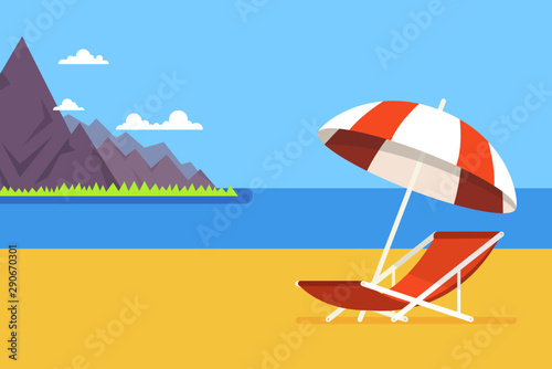 Vacation and travel concept. Beach umbrella, beach chair.  Sea and mountains in the background. Vector illustration.