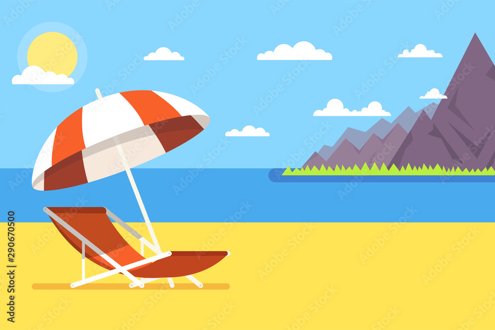 Fototapeta Vacation and travel concept. Beach umbrella, beach chair. Sea and mountains in the background. Vector illustration.vel concept. Beach umbrella, beach chair