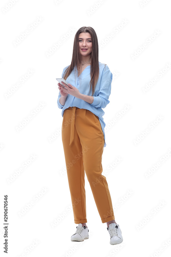 young businesswoman with smartphone .isolated on white young businesswoman with smartphone .isolated on white