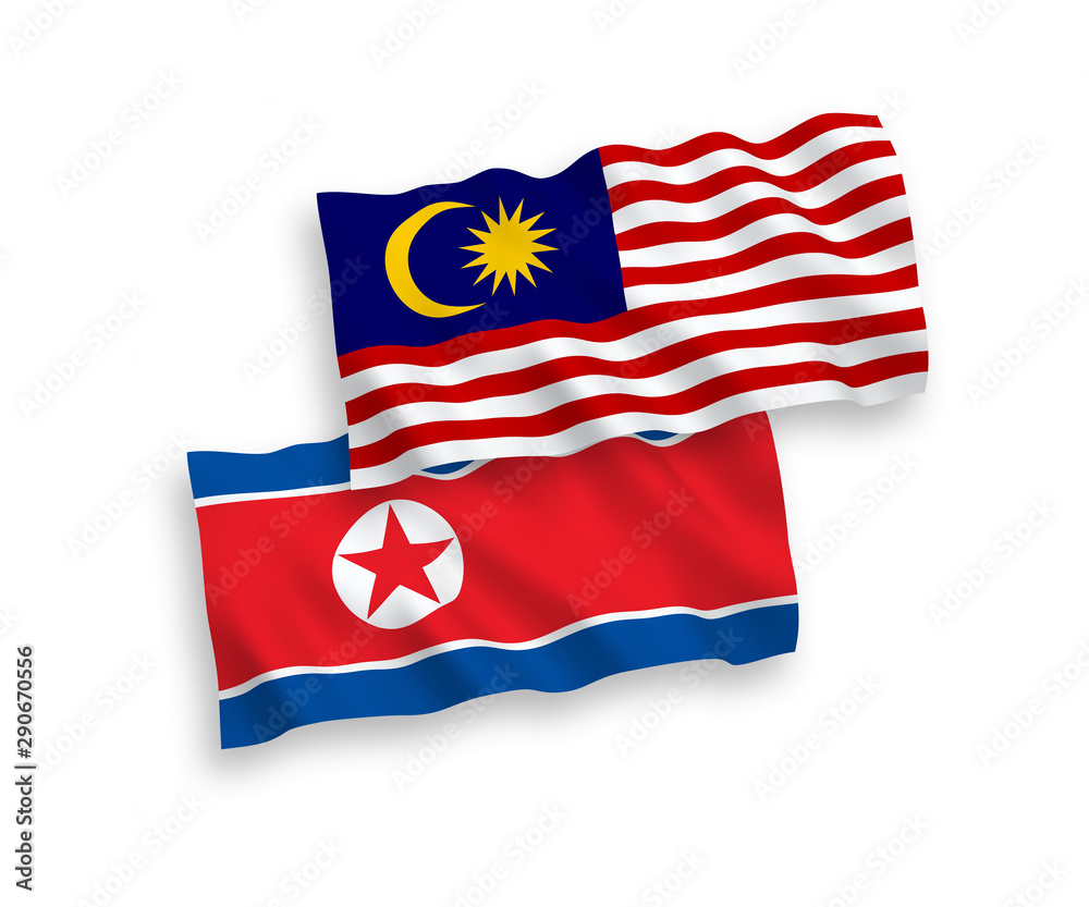 National vector fabric wave flags of North Korea and Malaysia isolated on white background. 1 to 2 proportion. National vector fabric wave flags of North Korea and Malaysia isolated on white background. 1 to 2 proportion.