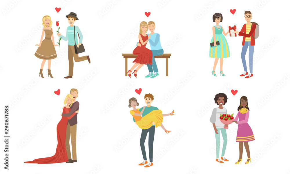 Happy Romantic Loving Couples Collection, Young Men and Women on Date, Walking, Hugging, Giving Gifts and Flowers, Having Dinner Vector Illustration