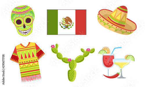 Traditional Cultural Mexico Symbols Set, Sugar Skull, Flag, Sombrero Hat, Cactus Vector Illustration