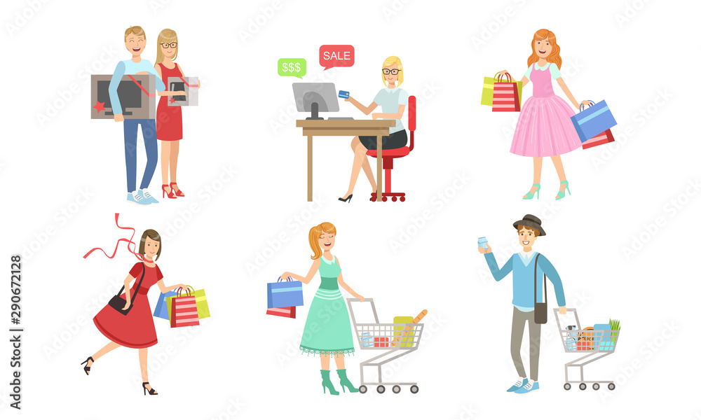 Collection of People Carrying Shopping Bags with Purchases, Online Shopping, Men and Women Taking Part in Seasonal Sale at Mall, Store or Shop Vector Illustration