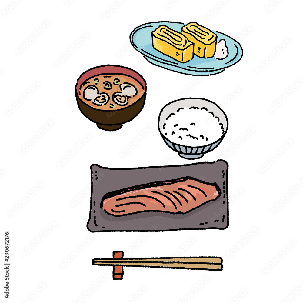 和食 イラスト 卵焼き 焼き鮭 手描き Stock ベクター Adobe Stock