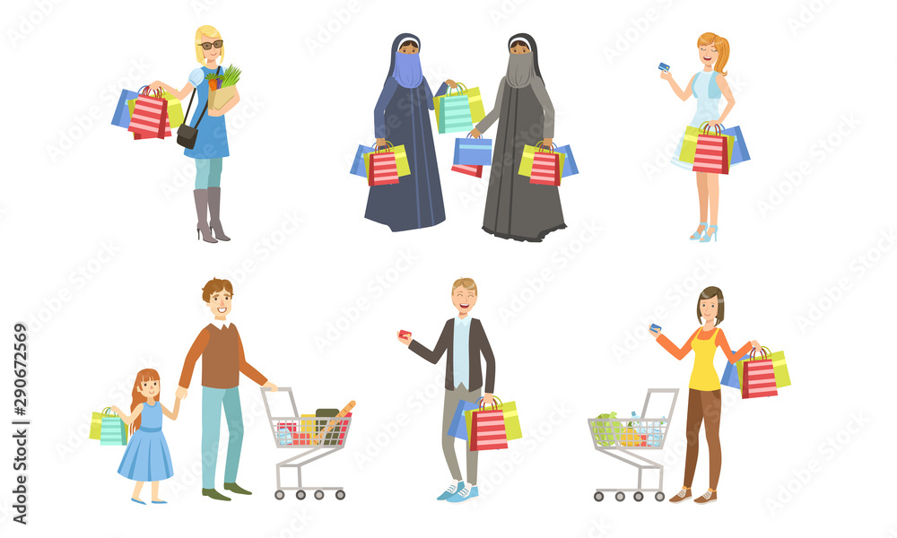 Collection of Different People Carrying Shopping Bags with Purchases, Men and Women Taking Part in Seasonal Sale at Mall, Store or Shop Vector Illustration