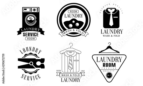 Laundry Service Room, Wash and Fold Labels Set, Laundry Service Vintage Badges Monochrome Vector Illustration