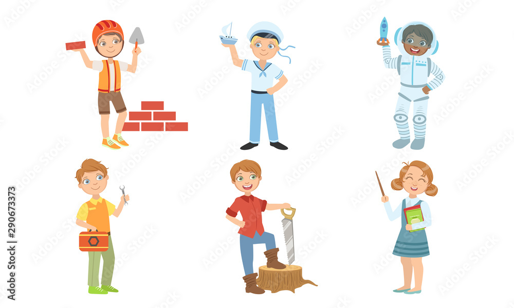 Cute Boys and Girls of Various Professions Set, Builder, Sailor, Astronaut, Lumberjack, Teacher Vector Illustration Cute Boys and Girls of Various Professions Set, Builder, Sailor, Astronaut, Lumberjack, Teacher Vector Illustration