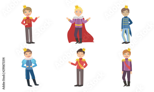 Cute Little Boys Wearing Prince Costumes with Crowns Set Vector Illustration