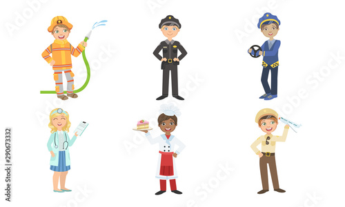 Cute Boys and Girls of Various Professions Set, Fireman, Policeman, Taxi Driver, Doctor, Cook, Pilot Vector Illustration