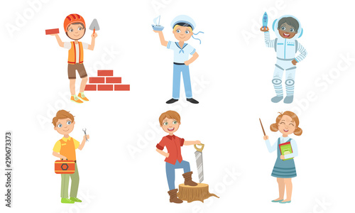 Cute Boys and Girls of Various Professions Set, Builder, Sailor, Astronaut, Lumberjack, Teacher Vector Illustration