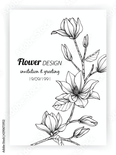 Magnolia flower frame drawing illustration for invitation and greeting card design.