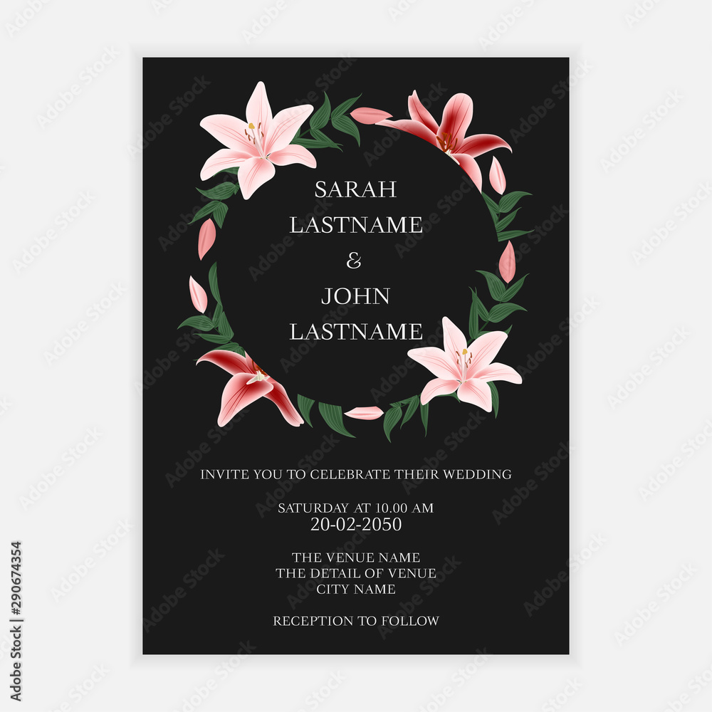Wedding invite card with lily flower circle frame wreath