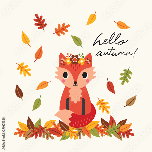 Vector illustration with cute red fox and colorful fall leaves on cream background. Colorful, kawaii Hello Autumn background in flat style for thanksgiving card, web banner, menu, social media.