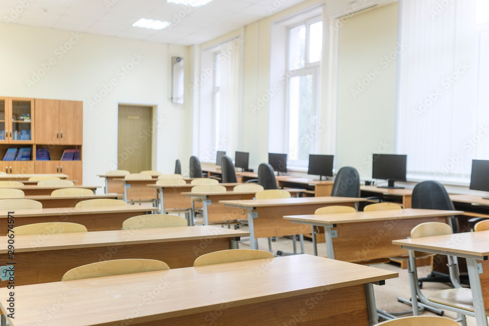 Moscow, Russia - September, 18, 2019: interior of an empty school classroom in Moscow secondary school Moscow, Russia - September, 18, 2019: interior of an empty school classroom in Moscow secondary school