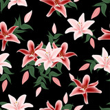 Seamless pattern with tropical pink red lily flower bouquet
