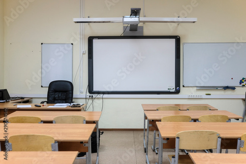 Moscow, Russia - September, 18, 2019: interior of an empty school classroom in Moscow secondary school
