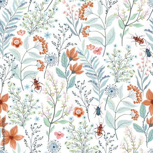 Seamless pattern with brown and turquoise beetles, abstract flowers, branches, leaves. Vector floral illustration on white background. Cute template for swatch.