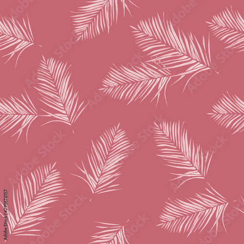 Glamoure, pink tropical leaves. Seamless graphic design with amazing palms. Fashion, interior, wrapping, packaging suitable. Realistic palm leaves
