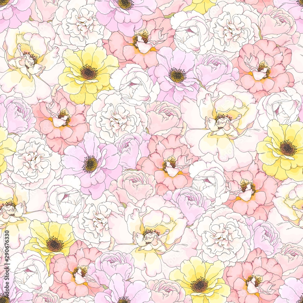 Seamless pattern with colorful buds flowers Roses, vector illustration in rustic style and pastel colors.