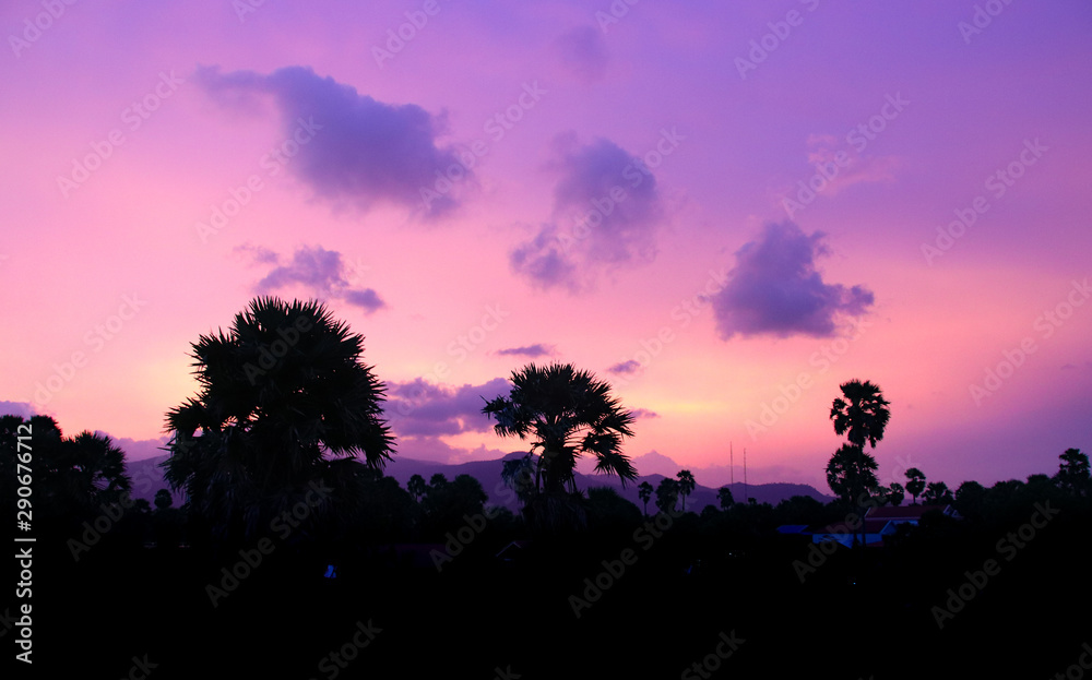 Purple sunset sky a unique phenomena observed in Kampot, Cambodia