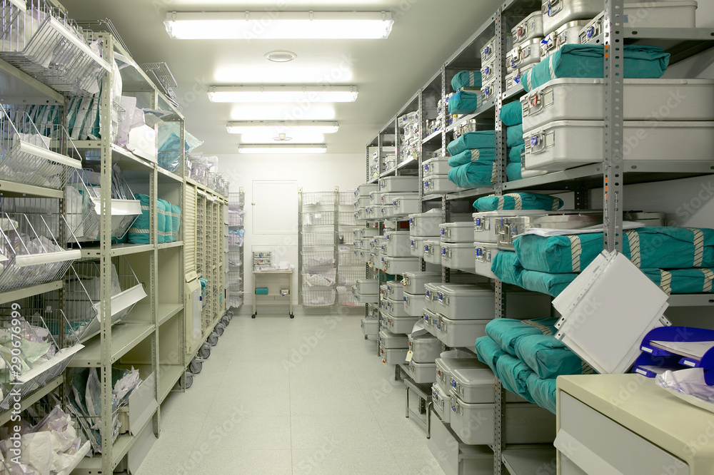 Hospital indoor storage room. Health center repository