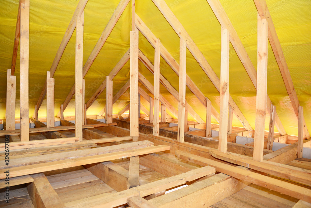 Roofing Construction Interior. Wooden Roof Beams, Wooden Frame, Rafters, Trusses, House Attic Construction Interior Roofing Construction Interior. Wooden Roof Beams, Wooden Frame, Rafters, Trusses, House Attic Construction Interior