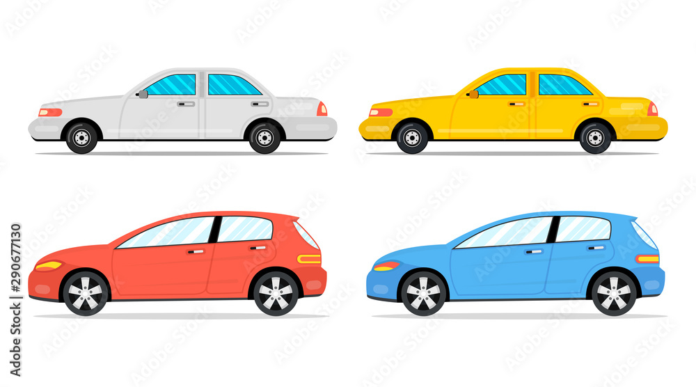 Cars side view. Flat cartoon style. Vector illustration.