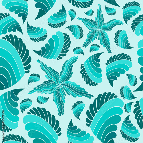 Seamless pattern on a blue background with marine patterns. Merry abstract seamless background on the marine theme.  Abstract background with patterns similar to starfishes and shells. drawings simila photo