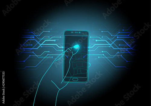 Hand with smartphone. Abstract black and blue geometric background. Innovative technologies for gadgets. Touch the display. Contour plot of the hand and smartphone.