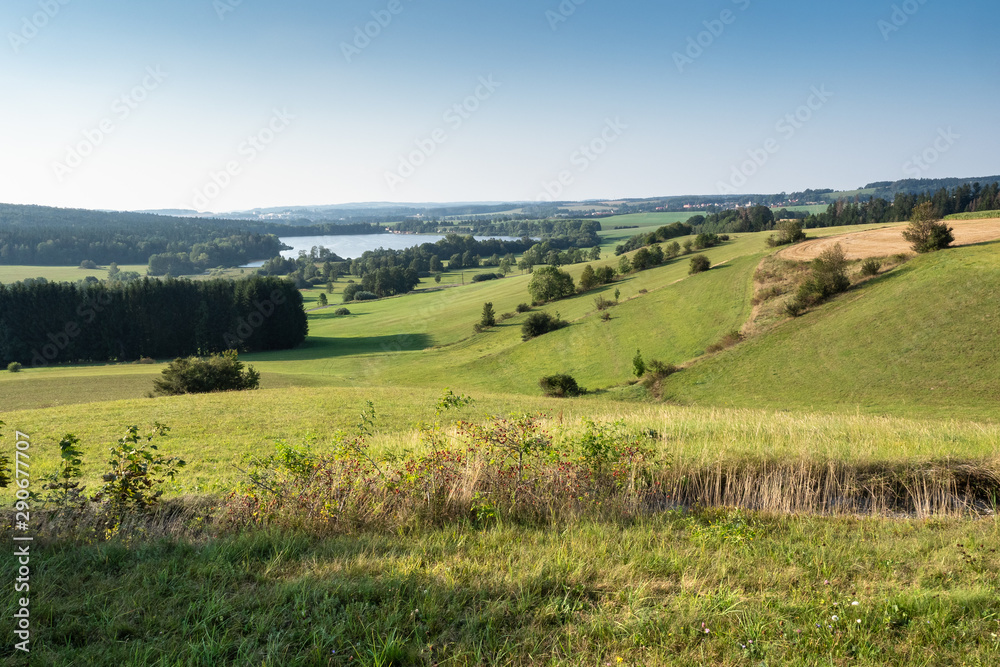 Panoramic view of pond named River and surrounding meadows and woods