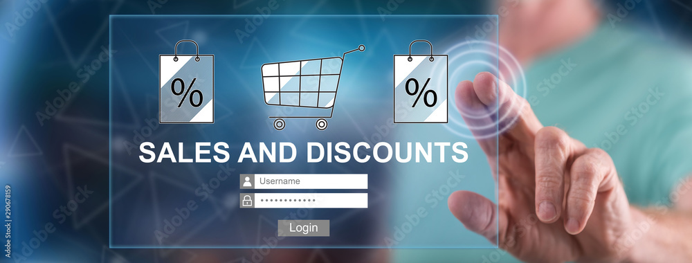 Fototapeta premium Man touching a sales and discounts concept