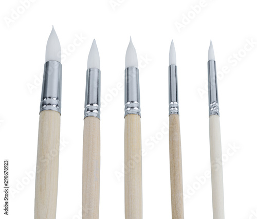 Group of Various sizes Water paint brush, wooden handle isolated on white background