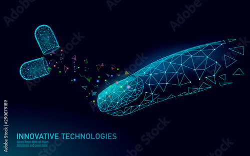 Low poly modern nail supplement care technology. Innovative natural oil suggest vitamin D strengthener formula. Nail protection shield medical pill cosmetics ad concept vector illustration