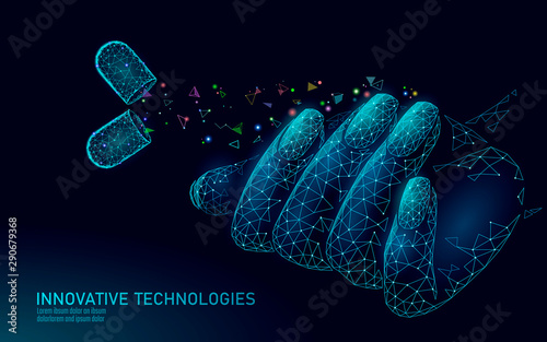 Low poly modern nail supplement care technology. Innovative natural oil suggest vitamin D strengthener formula. Nail protection shield medical pill cosmetics ad concept vector illustration