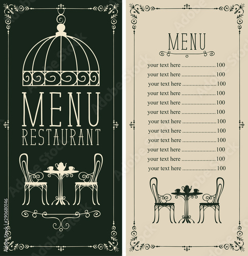 Vector menu for restaurant or cafe with a price list and a table for two, chairs and tea in a figured frame with curls in retro style
