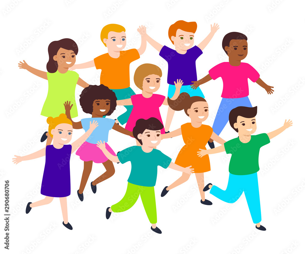 Group of cartoon happy multicultural children girl and boy joyfully run. Cute diverse kids. Vector illustration Group of cartoon happy multicultural children girl and boy joyfully run. Cute diverse kids. Vector illustration